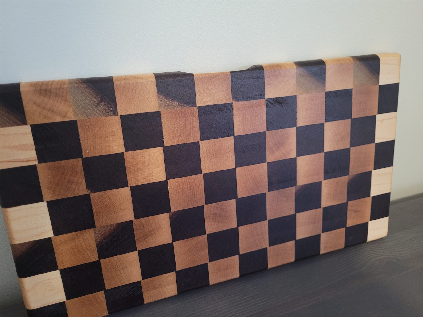 Close-up of two handmade end-grain wooden boards